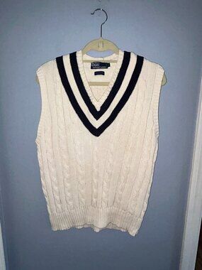 Polo by Ralph Lauren Cable Knit Sweater Vest Cream/Navy, Men's Large, v-neck